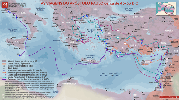 Mapa das Viagens do Apóstolo Paulo, c. 46-63 d.C