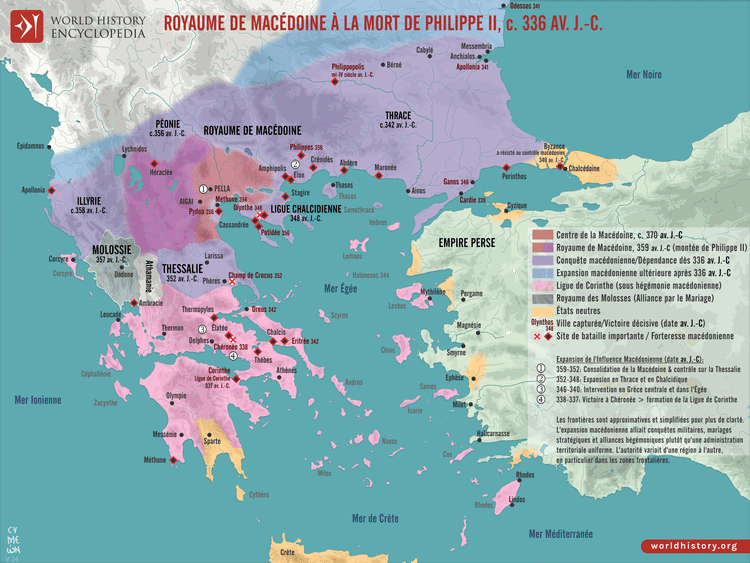 Carte du royaume de Macédoine à la mort de Philippe II, vers 336 av. J.-C.