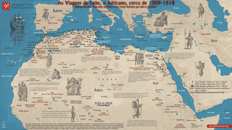 Mapa As Viagens de Leão, o Africano, cerca de 1509-1518