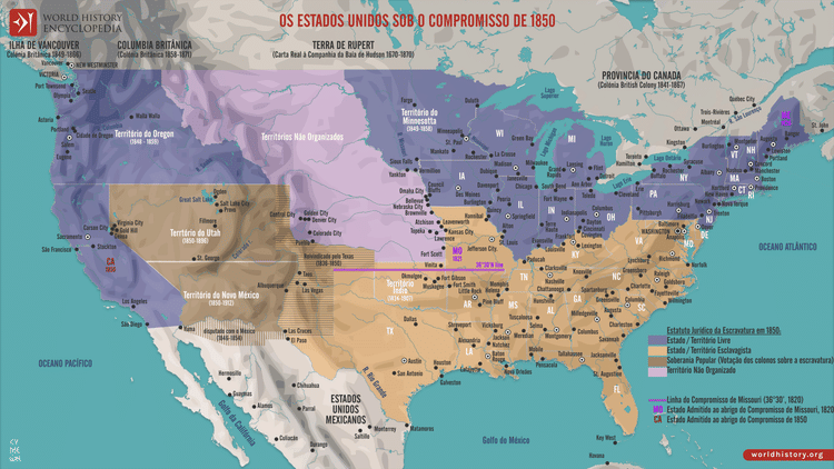 Mapa dos Estados Unidos sob o Compromisso de 1850