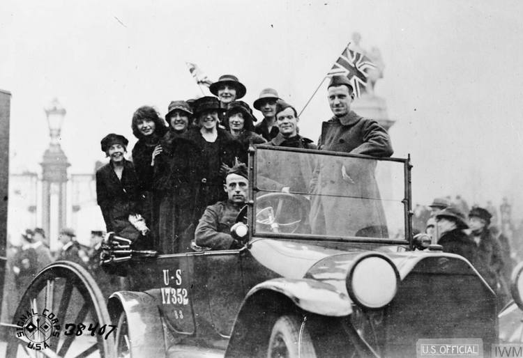 Men & Women in a US Car Celebrating the 1918 Armistice