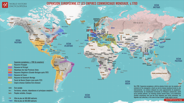 Carte de l'expansion européenne et des empires commerciaux, vers 1700