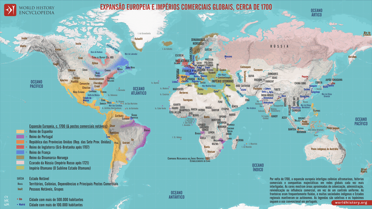Mapa da Expansão Europeia e dos Impérios Comerciais Globais, cerca de 1700