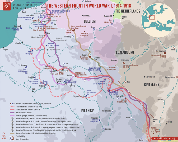 Map of the Western Front in World War I, 1914-1918