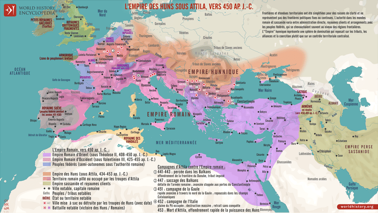 Carte de l’Empire des Huns sous Attila, vers 450 ap. J.-C.