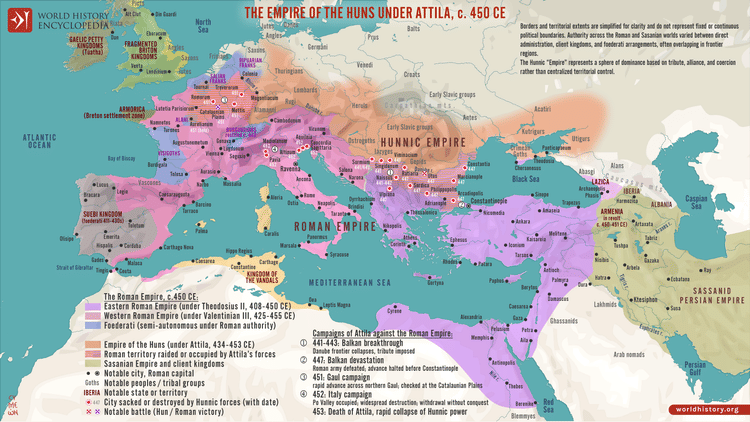 Map of the Empire of the Huns under Attila, c. 450 CE