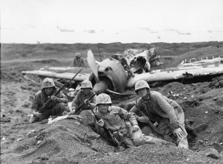US Marines and Wrecked Zero, Iwo Jima