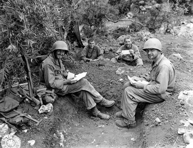 US Infantry Reading Letters from Home, Saipan