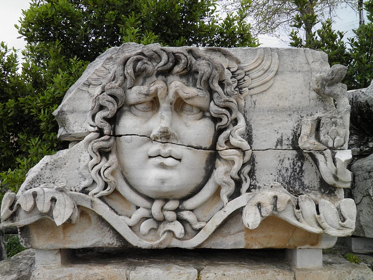 Stone-carved Medusa head from the temple of Apollo at Didyma