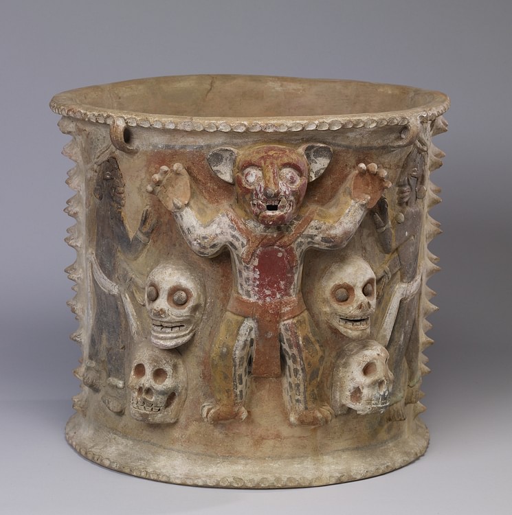 Maya Urn with Jaguar Figure & Skulls