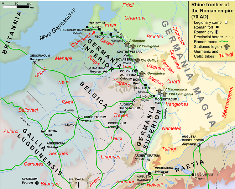 Map of the Rhine frontier of the Roman empire, 70AD