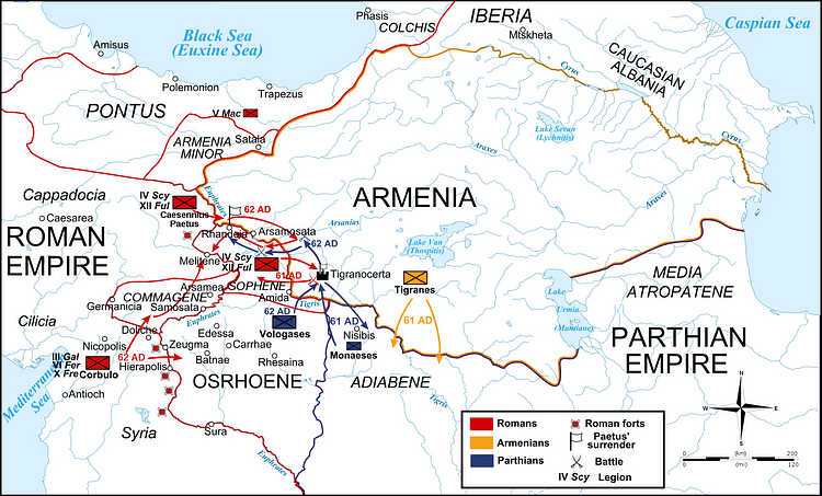 Map of the Roman-Parthian War, 61-63 CE