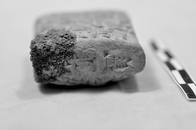 End View, Illegally Excavated Mesopotamian Clay Tablet