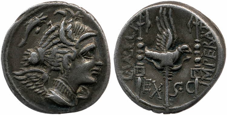 Silver Denarius Depicting Legionary Eagle