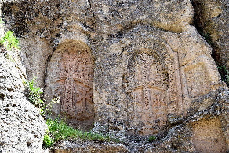 Three Khachkars at Geghard Monastery in Armenia