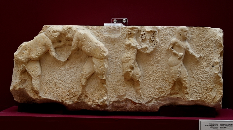 Limestone Block Showing Wrestlers and Musicians from Xanthos