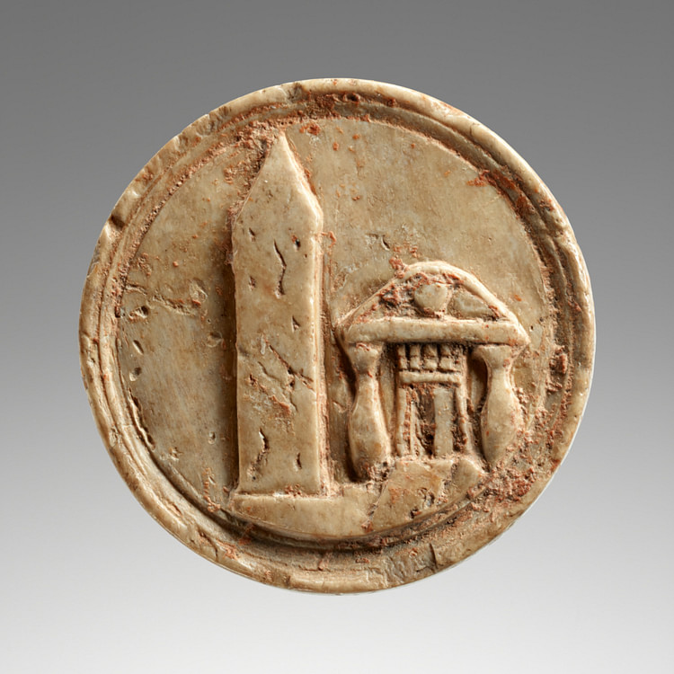 Ivory Token Depicting Egyptian Obelisk and Temple