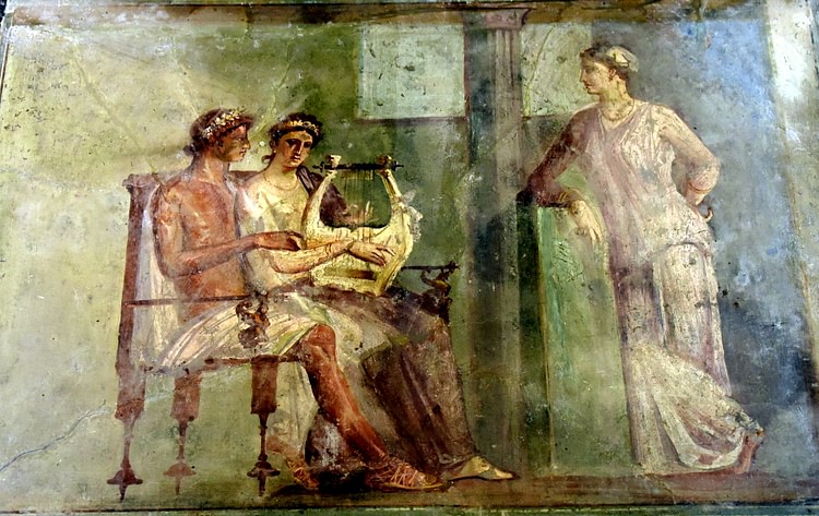 Pompeii Fresco of a Woman Playing a Lyre