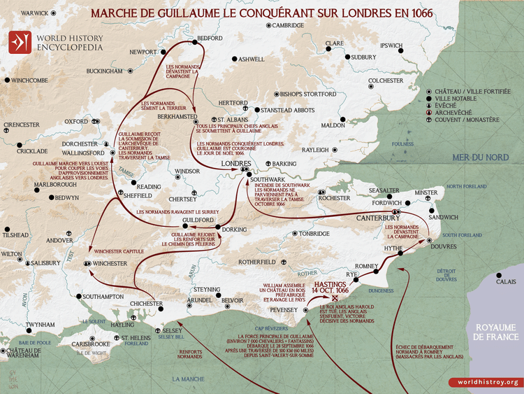 Carte de la marche de Guillaume le Conquérant sur Londres en 1066
