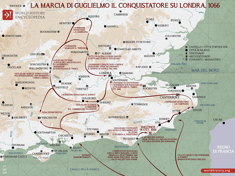 Mappa della marcia di Guglielmo il Conquistatore su Londra nel 1066