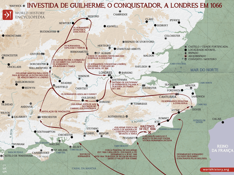 Mapa da Investida de Guilherme, O Conquistador, a Londres em 1066