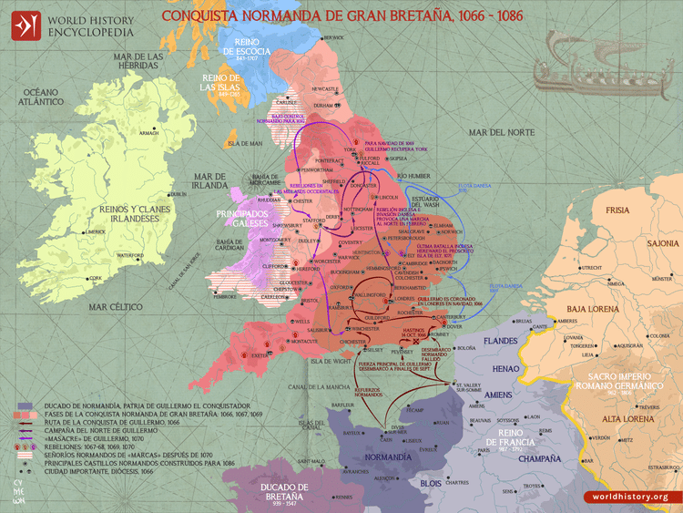 Mapa de la conquista normanda de Gran Bretaña, 1066 - 1086