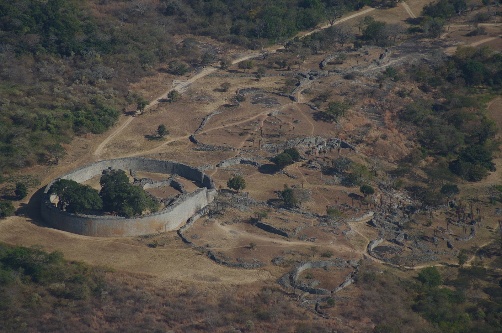 Aerial view of the Great Enclosure at Great Zimbabwe, the ancient Shona stone city in Zimbabwe