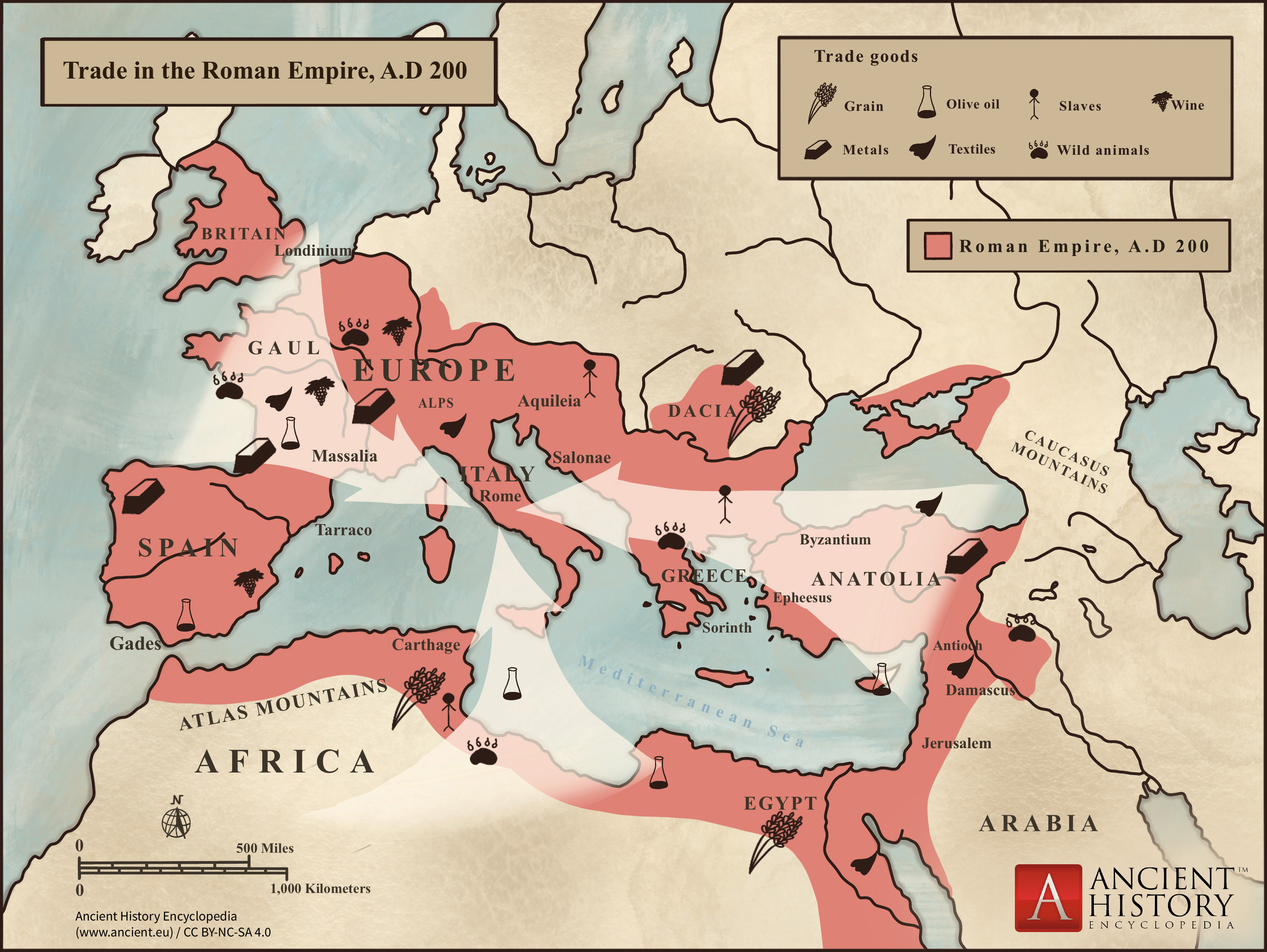 Ancient Rome Trade Map Trade in the Roman Empire Map (c. 200 CE) (Illustration) - World ...