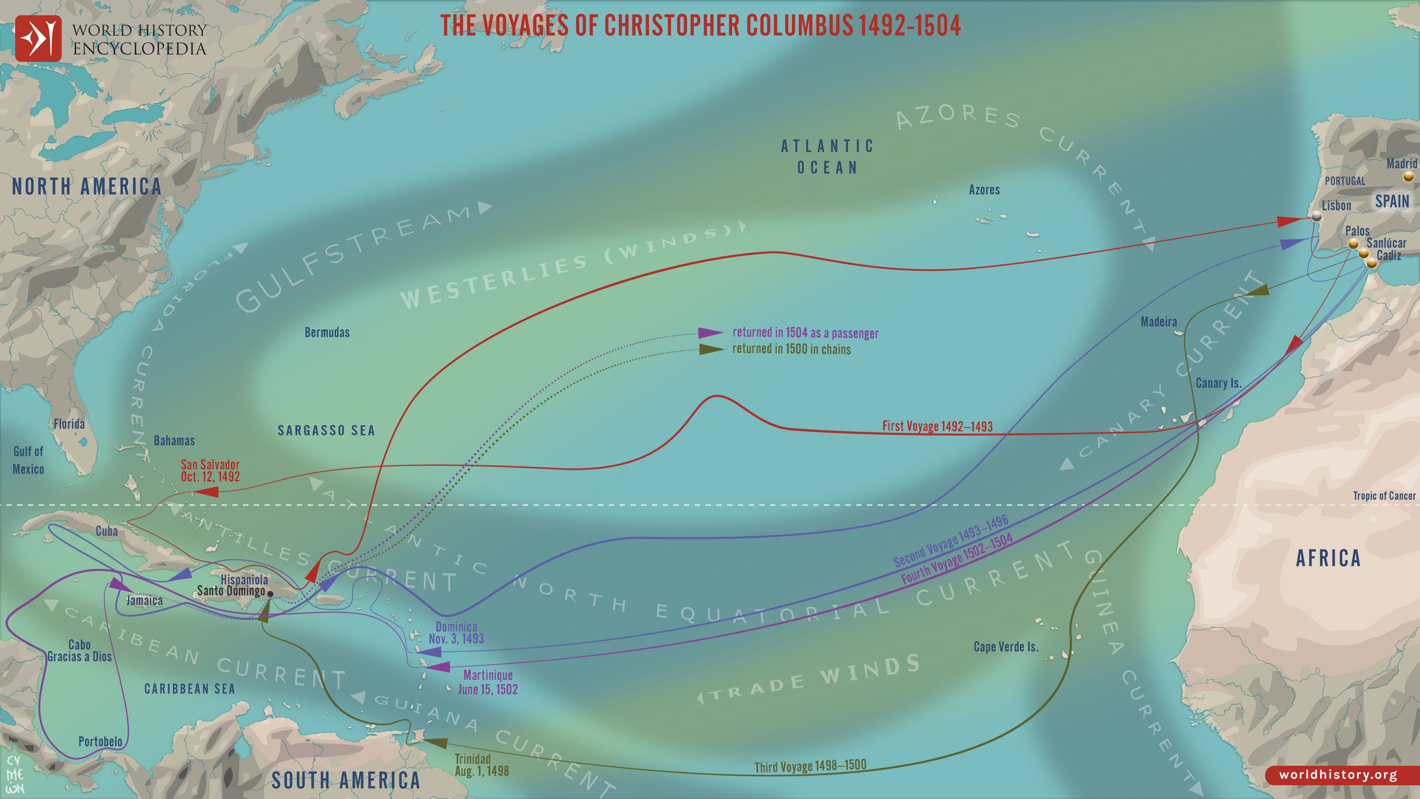 Map Of The Four Voyages Of Christopher Columbus 1492 1504 World map-of-the-four-voyages-of-christopher-columbus-1492-1504-world