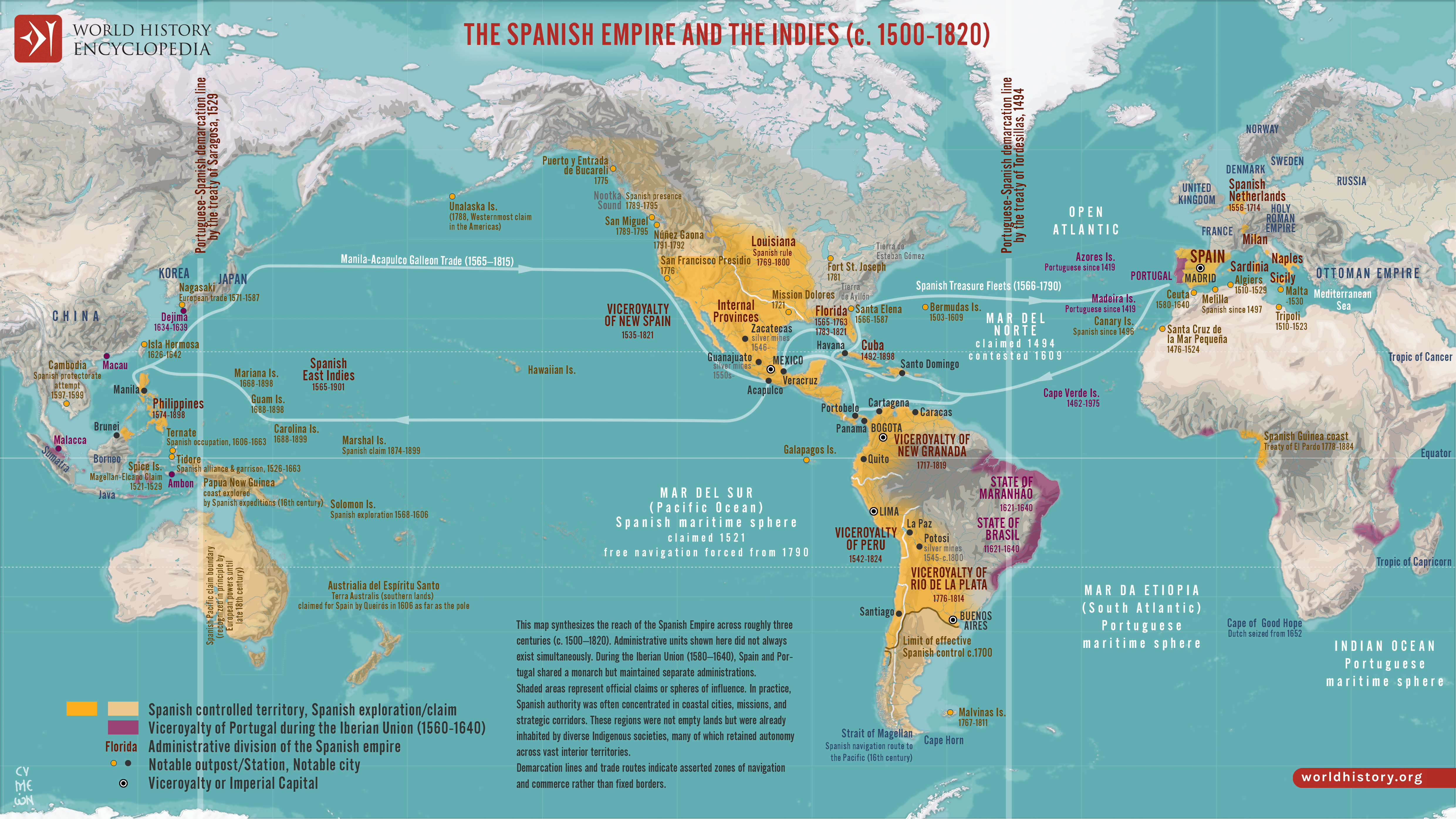 Spanish Colonisation Map Map of the Spanish Empire and the Indies (c. 1500-1820) - World History ...