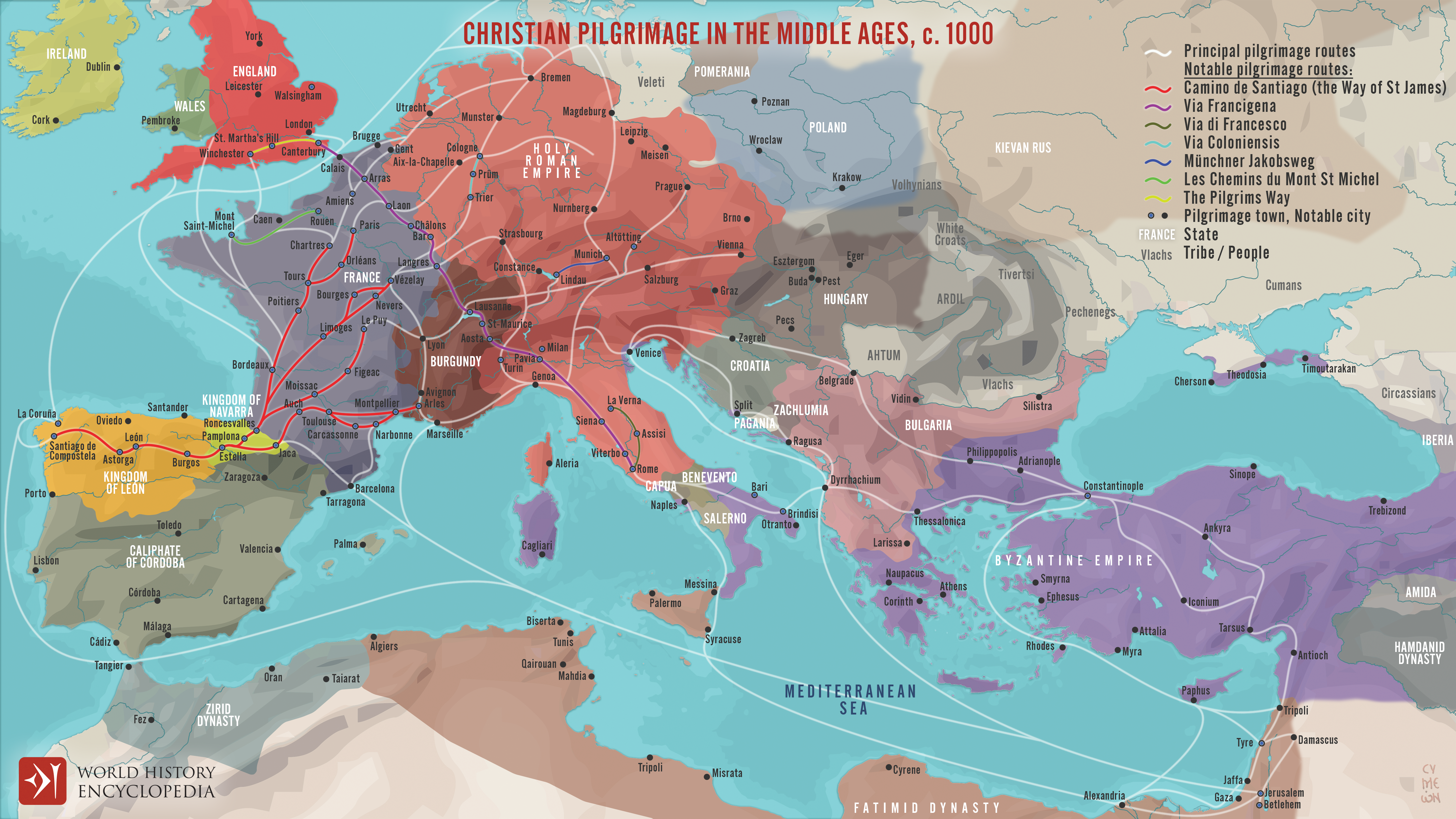 1500 Religious Map Map of Christian Pilgrimage in the Middle Ages, c. 1000 - World History ...