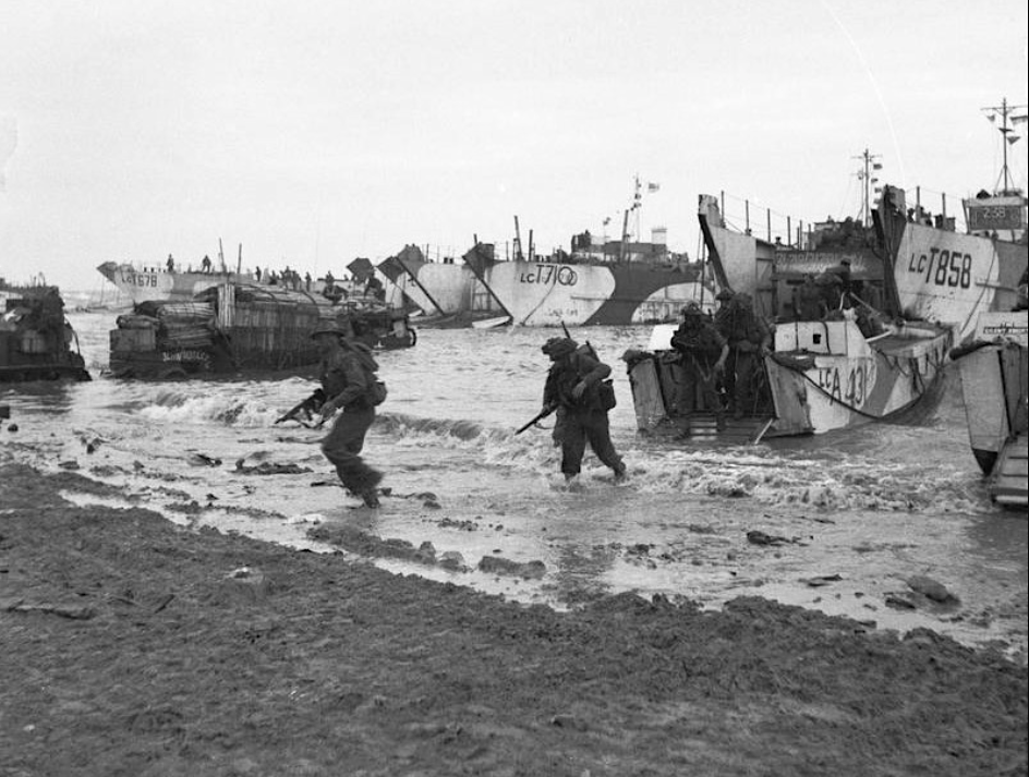 British commando troops landing on the beaches of Normandy during D-Day.