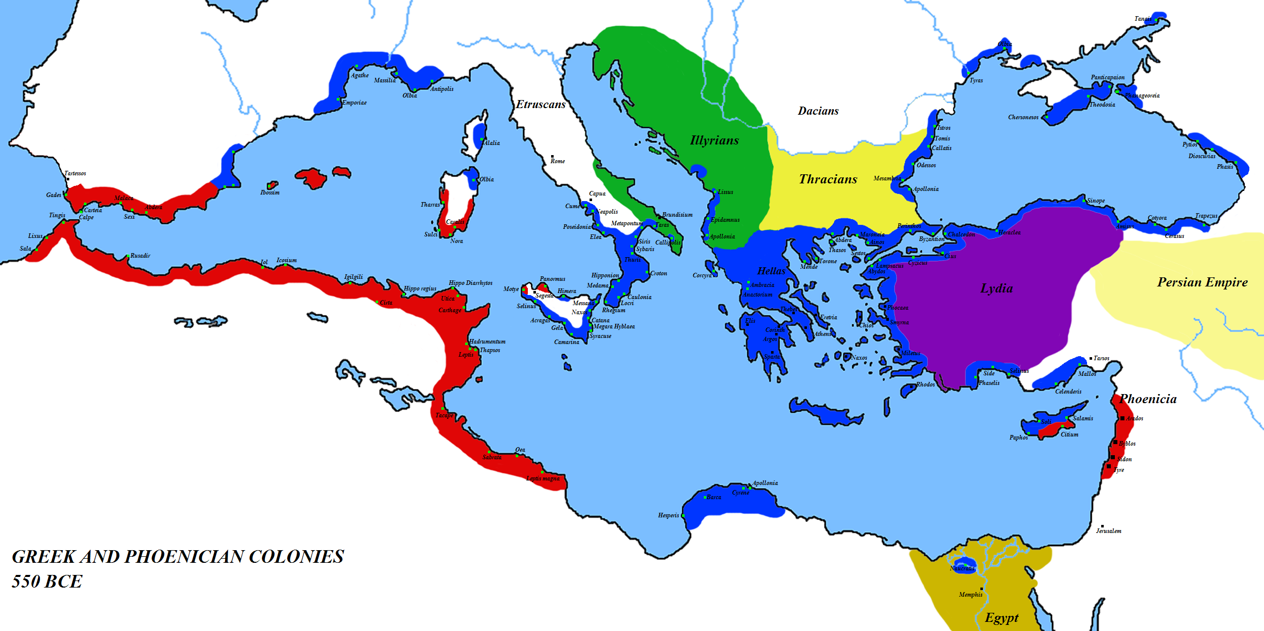 Map of the Mediterranean 550 BC (Illustration) - World History Encyclopedia